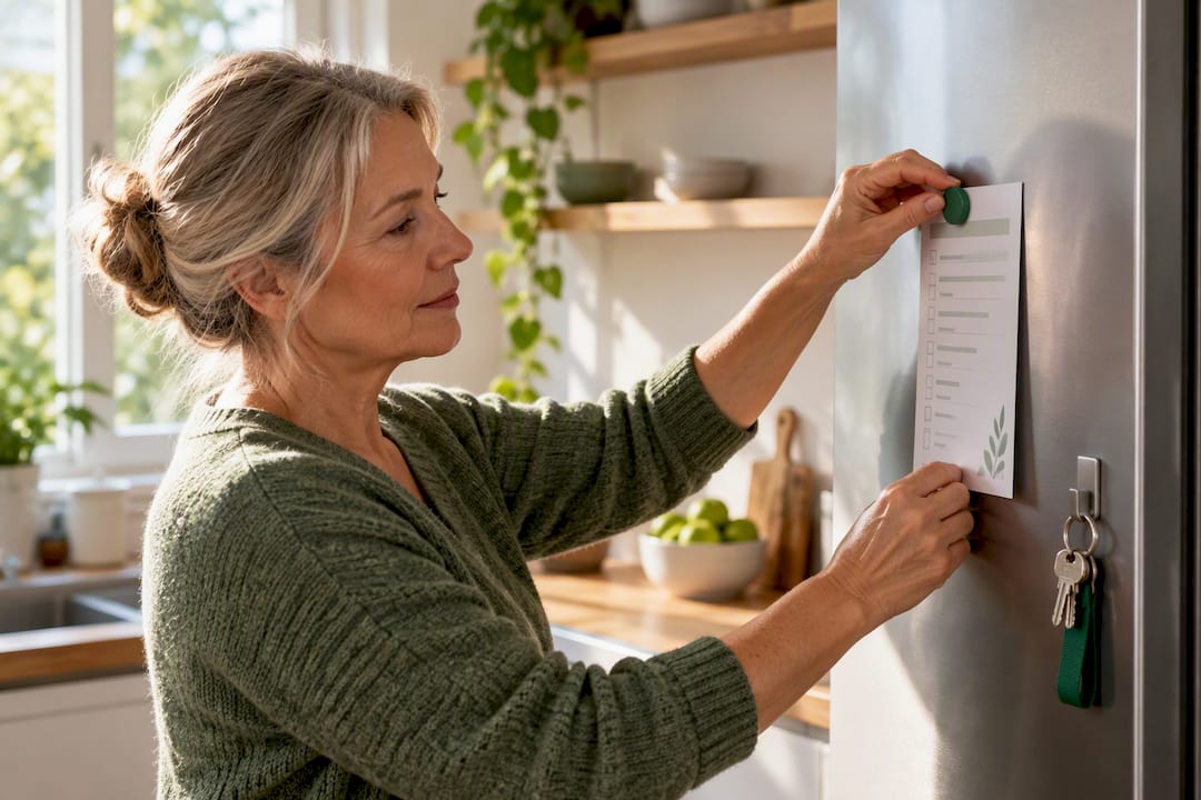 Eine laminierte Notfall-Checkliste am Kühlschrank angebracht