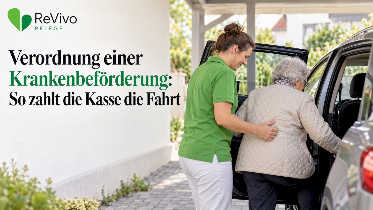 Betreuer hilft älterer Frau beim Einsteigen in den Krankentransport