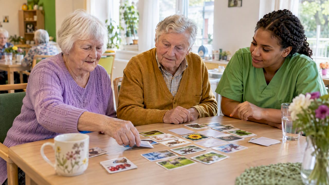 Senioren sind gemeinsam bei einer Aktivität in der Tagespflege dabei